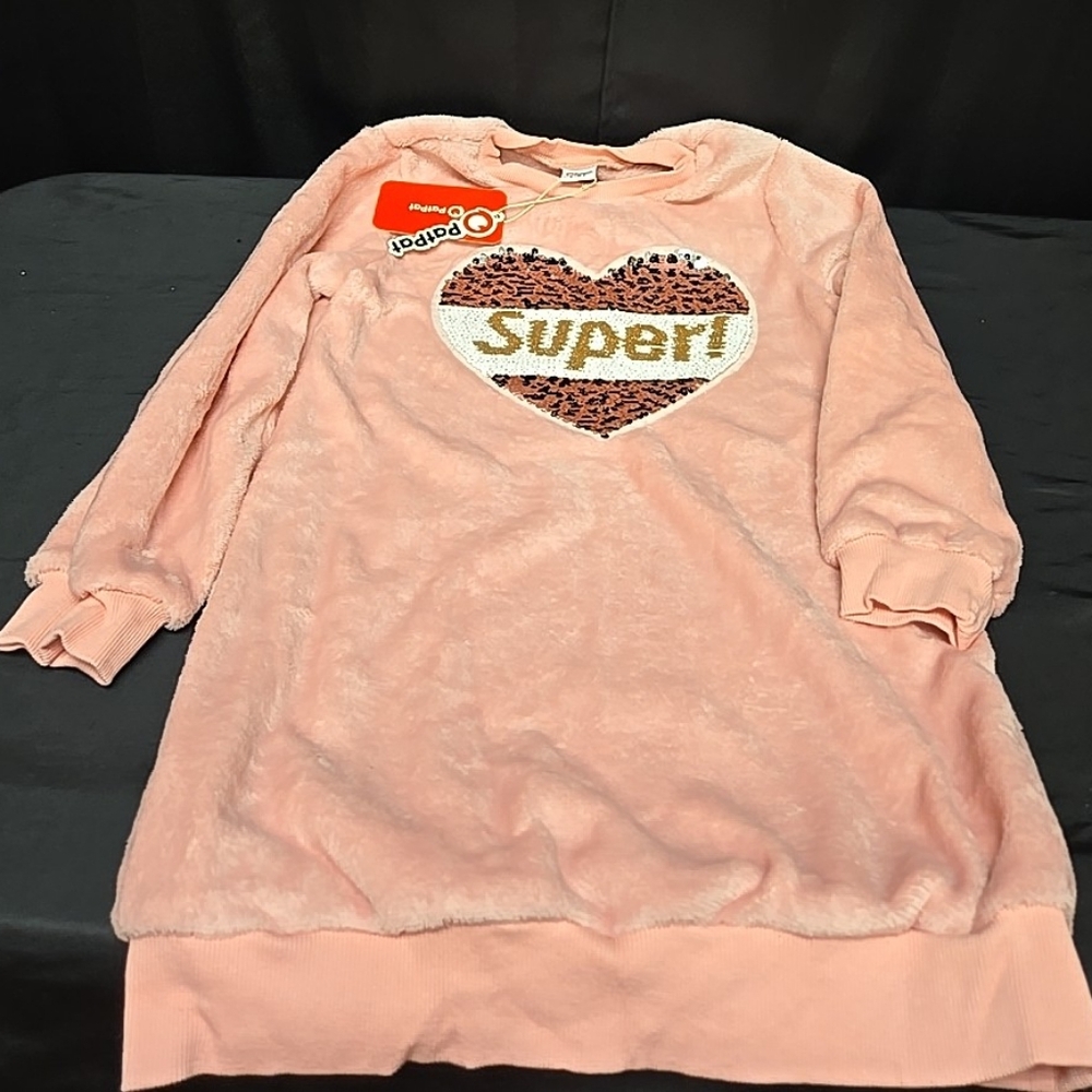 Size 7-8 Years Girls Sweater Dress Super! With Sequined Heart Long Sleeve
